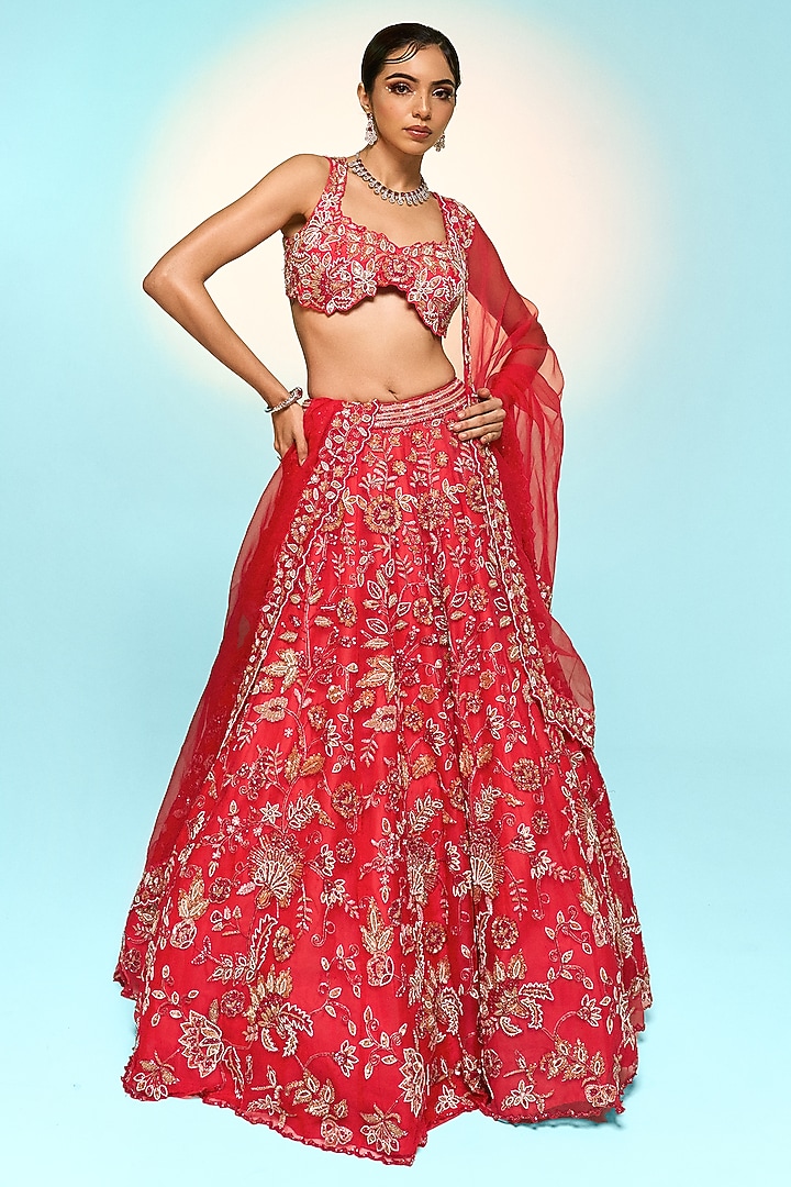 Red Pure Organza Embroidered Bridal Lehenga Set by Label Charmie Galaiya at Pernia's Pop Up Shop