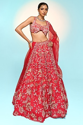 Red Pure Organza Embroidered Lehenga Set by Label Charmie Galaiya
