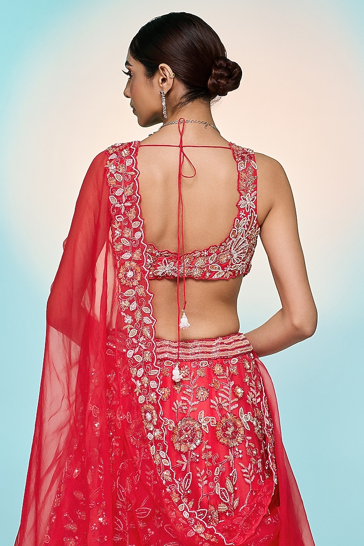 Red Pure Organza Embroidered Bridal Lehenga Set by Label Charmie Galaiya at Pernia's Pop Up Shop