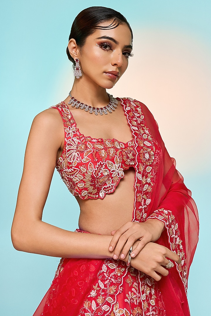 Red Pure Organza Embroidered Bridal Lehenga Set by Label Charmie Galaiya at Pernia's Pop Up Shop