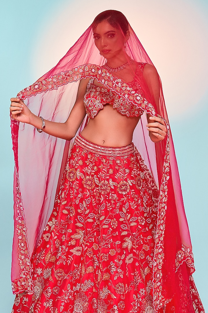 Red Pure Organza Embroidered Bridal Lehenga Set by Label Charmie Galaiya at Pernia's Pop Up Shop