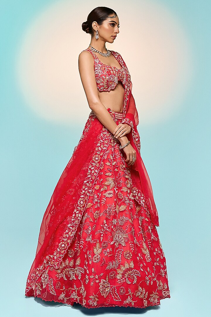 Red Pure Organza Embroidered Bridal Lehenga Set by Label Charmie Galaiya at Pernia's Pop Up Shop