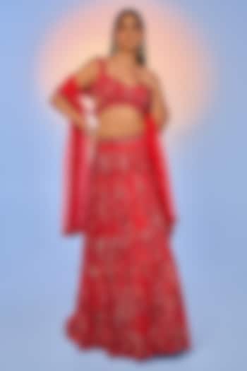 Cherry Red Pure Organza Embroidered Bridal Lehenga Set by Label Charmie Galaiya at Pernia's Pop Up Shop