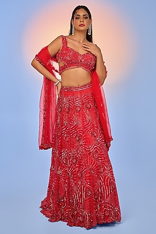 Cherry Red Pure Organza Embroidered Lehenga Set by Label Charmie Galaiya