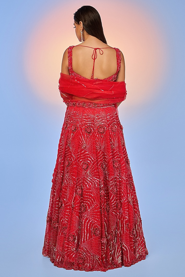 Cherry Red Pure Organza Embroidered Bridal Lehenga Set by Label Charmie Galaiya at Pernia's Pop Up Shop