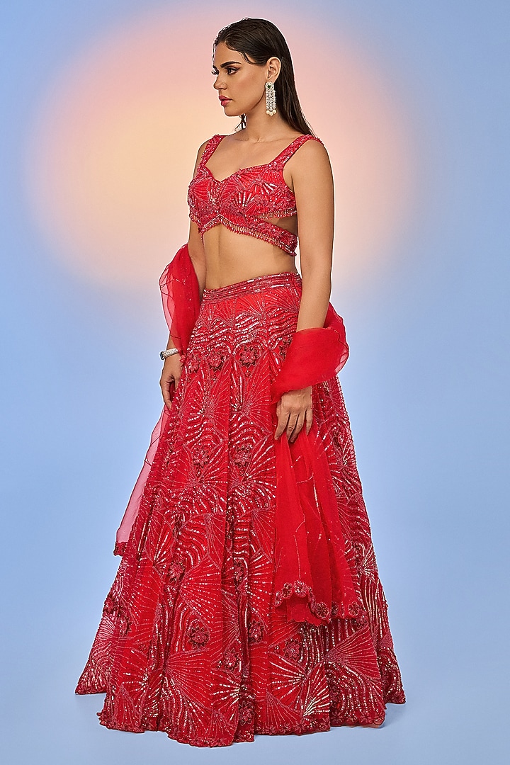 Cherry Red Pure Organza Embroidered Bridal Lehenga Set by Label Charmie Galaiya at Pernia's Pop Up Shop