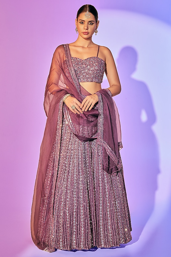 Purple Pure Organza Embroidered Bridal Lehenga Set by Label Charmie Galaiya at Pernia's Pop Up Shop