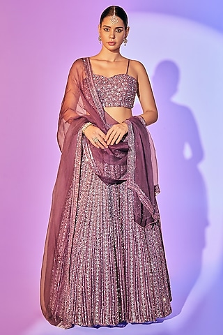 Purple Pure Organza Embroidered Lehenga Set by Label Charmie Galaiya