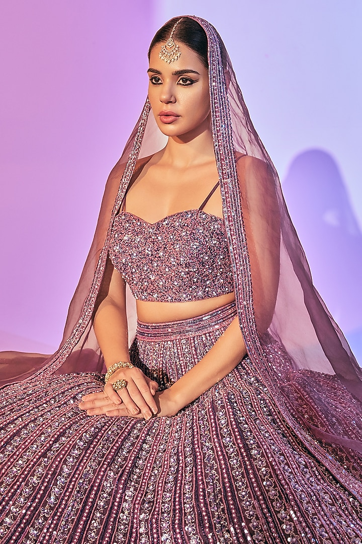 Purple Pure Organza Embroidered Bridal Lehenga Set by Label Charmie Galaiya at Pernia's Pop Up Shop