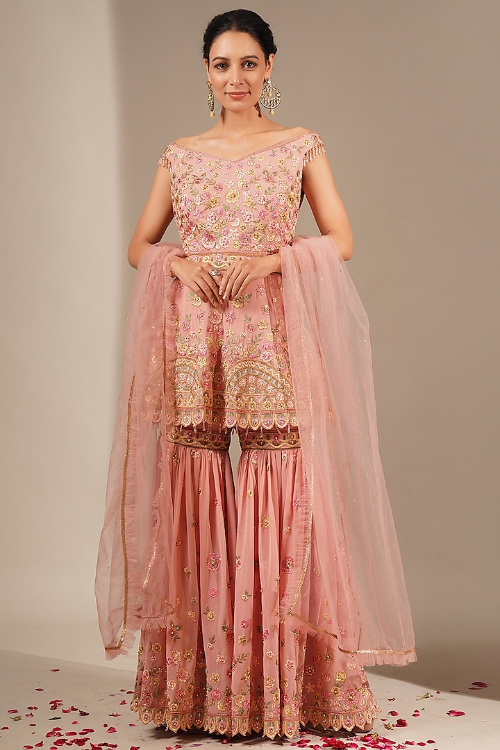 Peach Embroidered Gharara Set by Chaashni by Maansi and Ketan