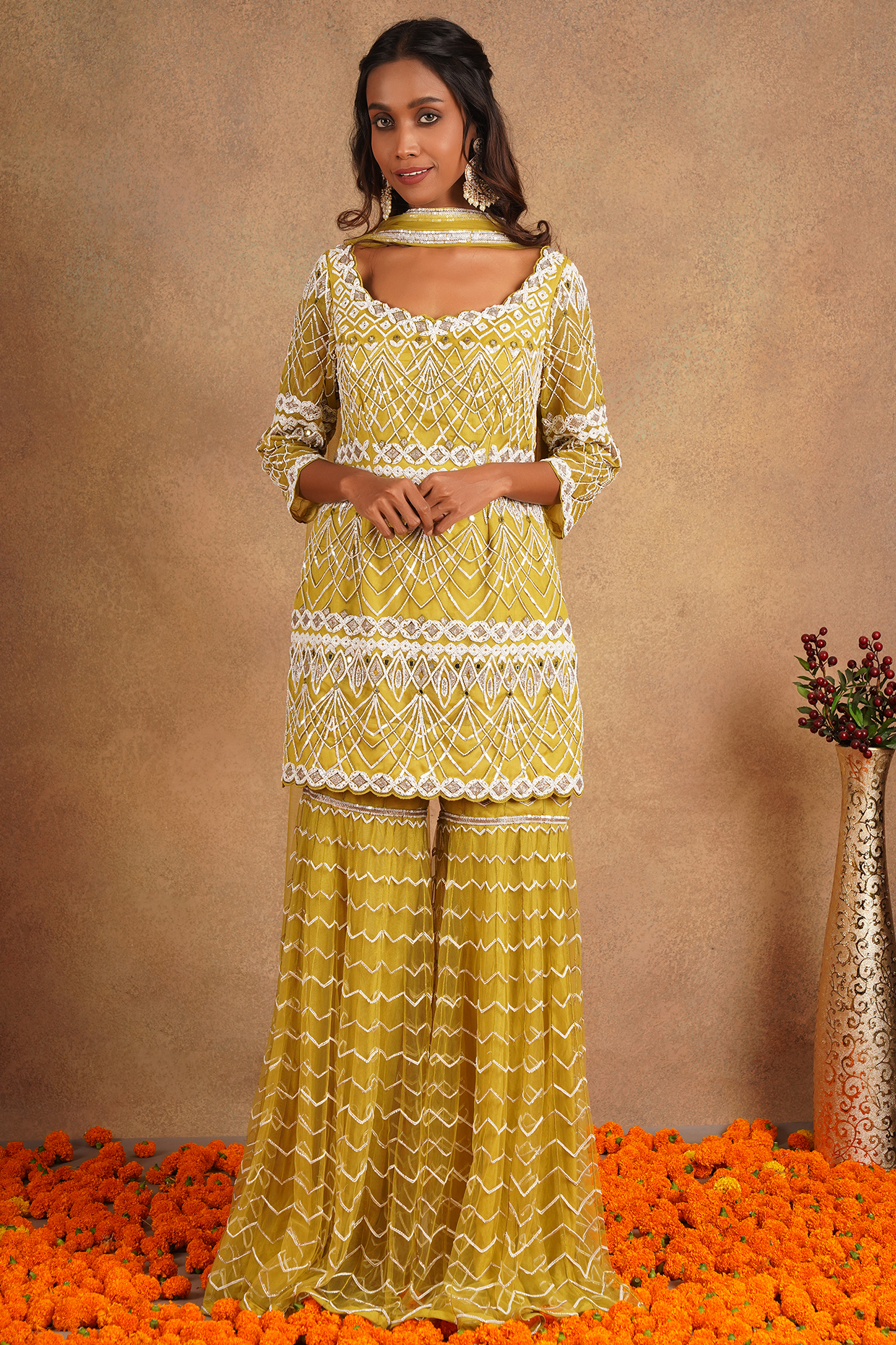 Yellow Embroidered Gharara Set by Chaashni by Maansi and Ketan