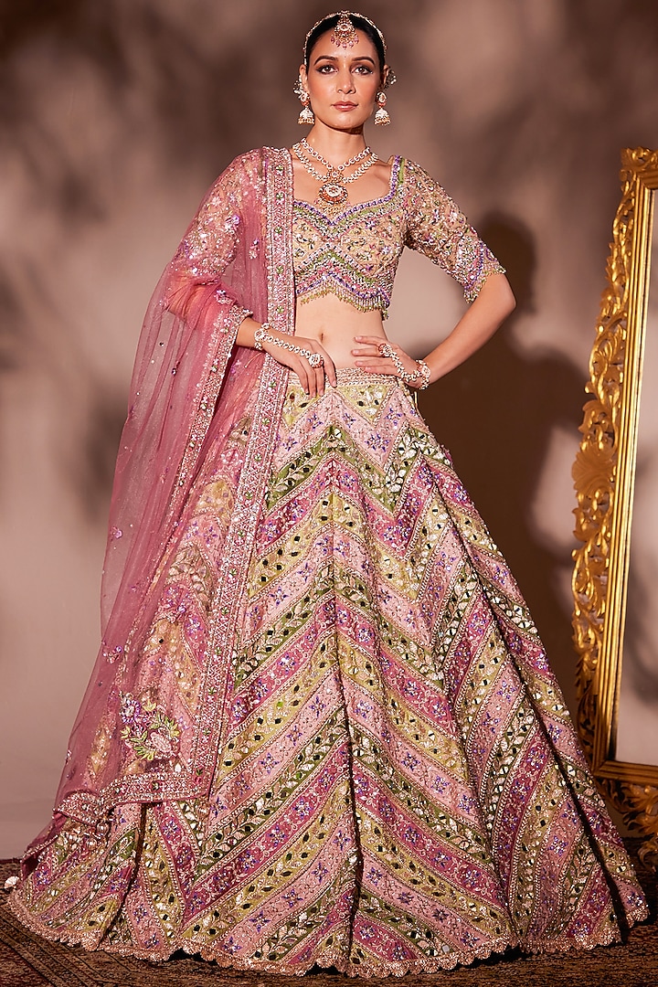 Multi-Colored Organza & Net Sequins Embroidered Wedding Lehenga Set by Chaashni by Maansi and Ketan at Pernia's Pop Up Shop