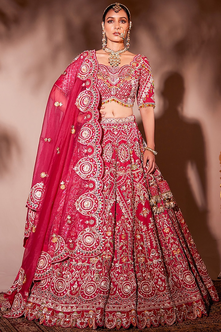 Rani Russian Silk Pearl Embroidered Wedding Lehenga Set by Chaashni by Maansi and Ketan at Pernia's Pop Up Shop