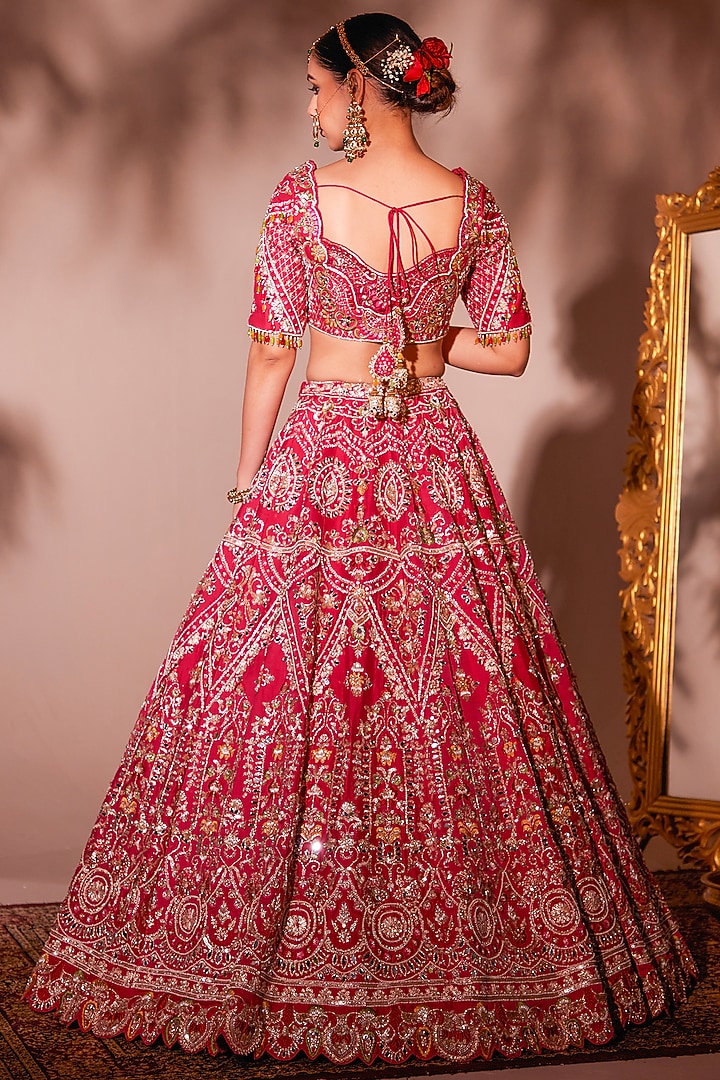 Rani Russian Silk Pearl Embroidered Bridal Lehenga Set by Chaashni by Maansi and Ketan at Pernia's Pop Up Shop