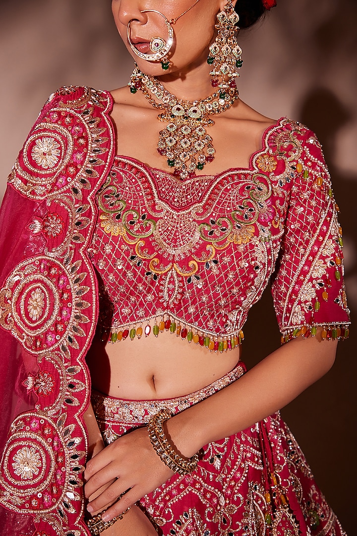Rani Russian Silk Pearl Embroidered Bridal Lehenga Set by Chaashni by Maansi and Ketan at Pernia's Pop Up Shop