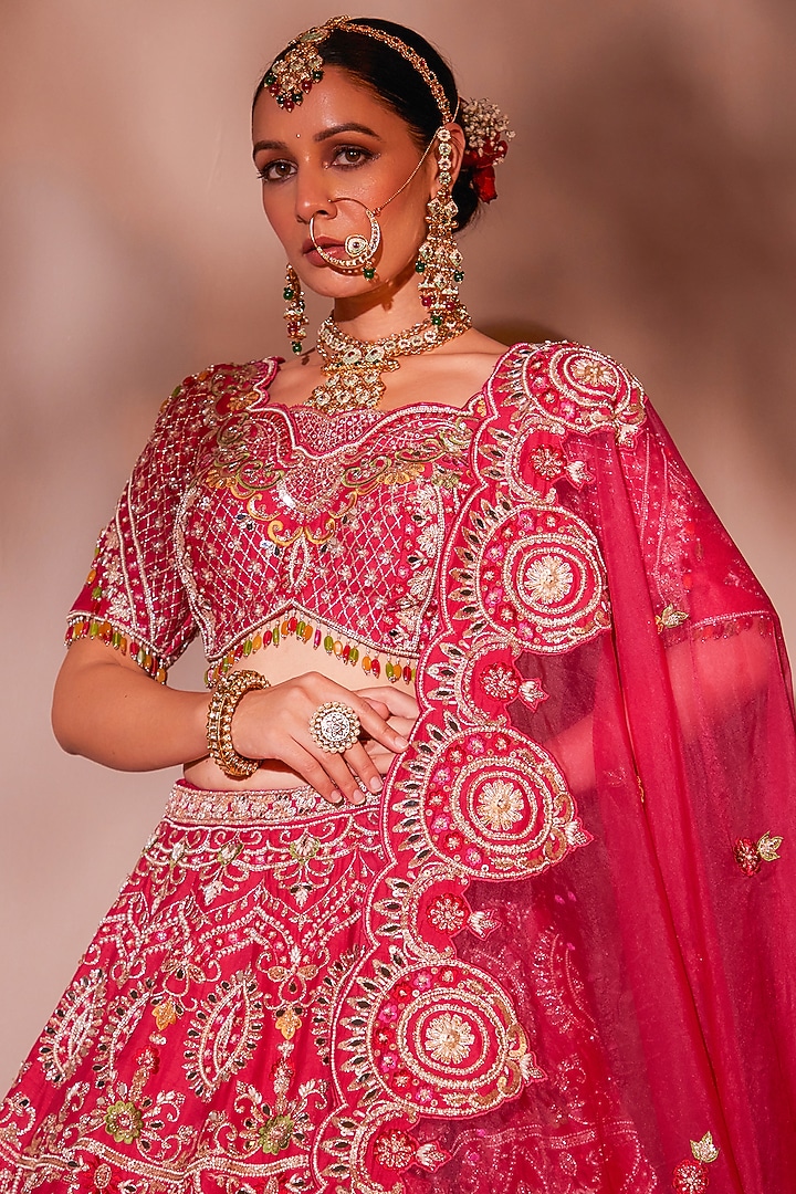 Rani Russian Silk Pearl Embroidered Bridal Lehenga Set by Chaashni by Maansi and Ketan at Pernia's Pop Up Shop