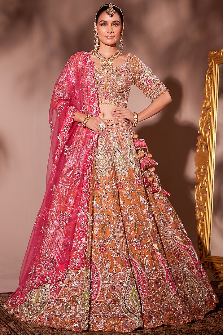 Orange Organza Dabka Embroidered Bridal Lehenga Set by Chaashni by Maansi and Ketan at Pernia's Pop Up Shop