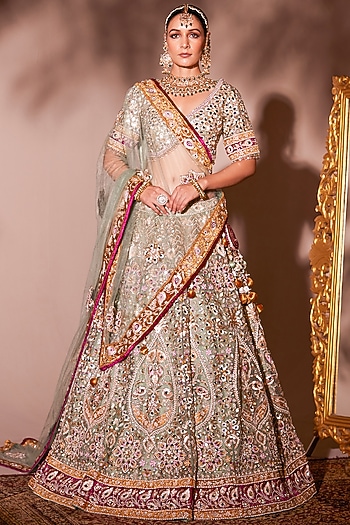Green Organza Dabka Embroidered Bridal Lehenga Set by Chaashni by Maansi and Ketan at Pernia's Pop Up Shop
