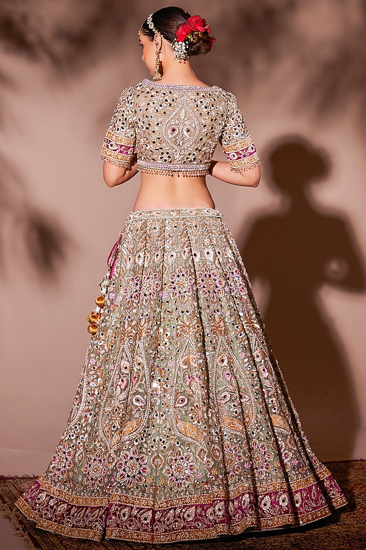 Green Organza Dabka Embroidered Bridal Lehenga Set by Chaashni by Maansi and Ketan at Pernia's Pop Up Shop