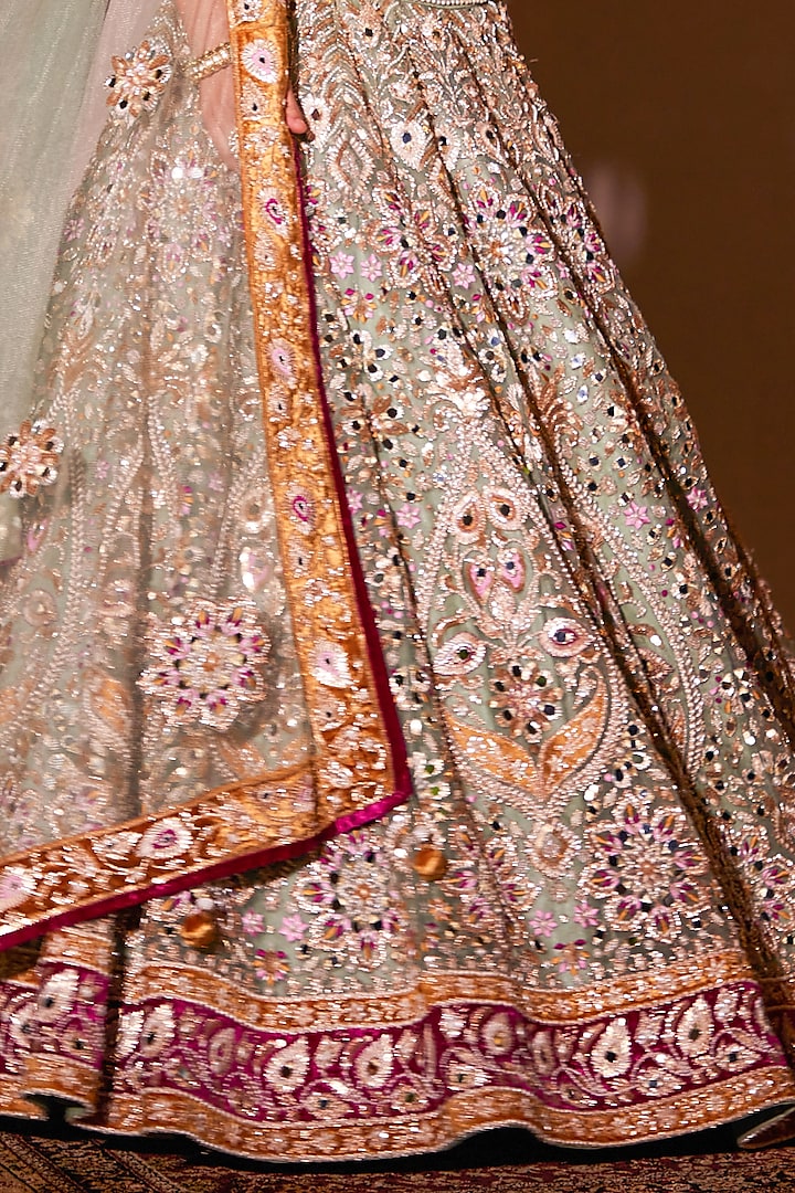 Green Organza Dabka Embroidered Bridal Lehenga Set by Chaashni by Maansi and Ketan at Pernia's Pop Up Shop