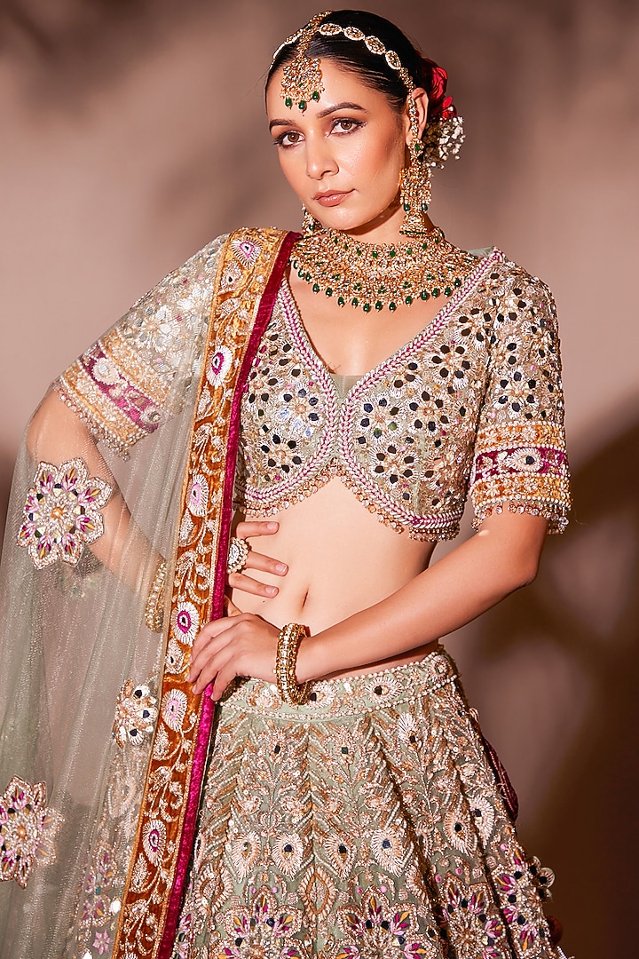 Green Organza Dabka Embroidered Bridal Lehenga Set by Chaashni by Maansi and Ketan at Pernia's Pop Up Shop