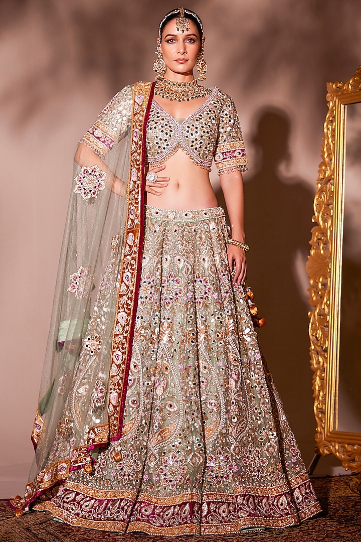 Green Organza Dabka Embroidered Bridal Lehenga Set by Chaashni by Maansi and Ketan at Pernia's Pop Up Shop