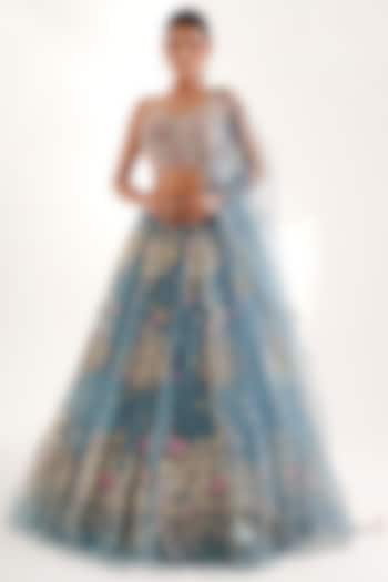 Blue Net Gota Work Lehenga Set by Chaashni by Maansi and Ketan