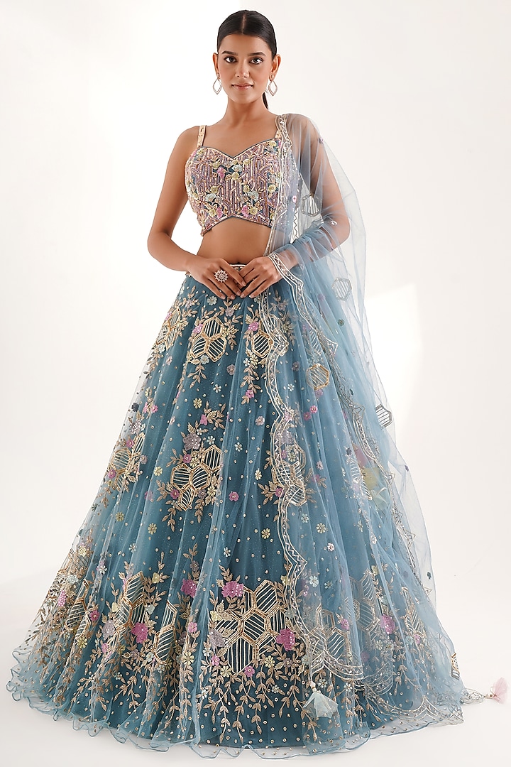 Blue Net Gota Work Lehenga Set by Chaashni by Maansi and Ketan