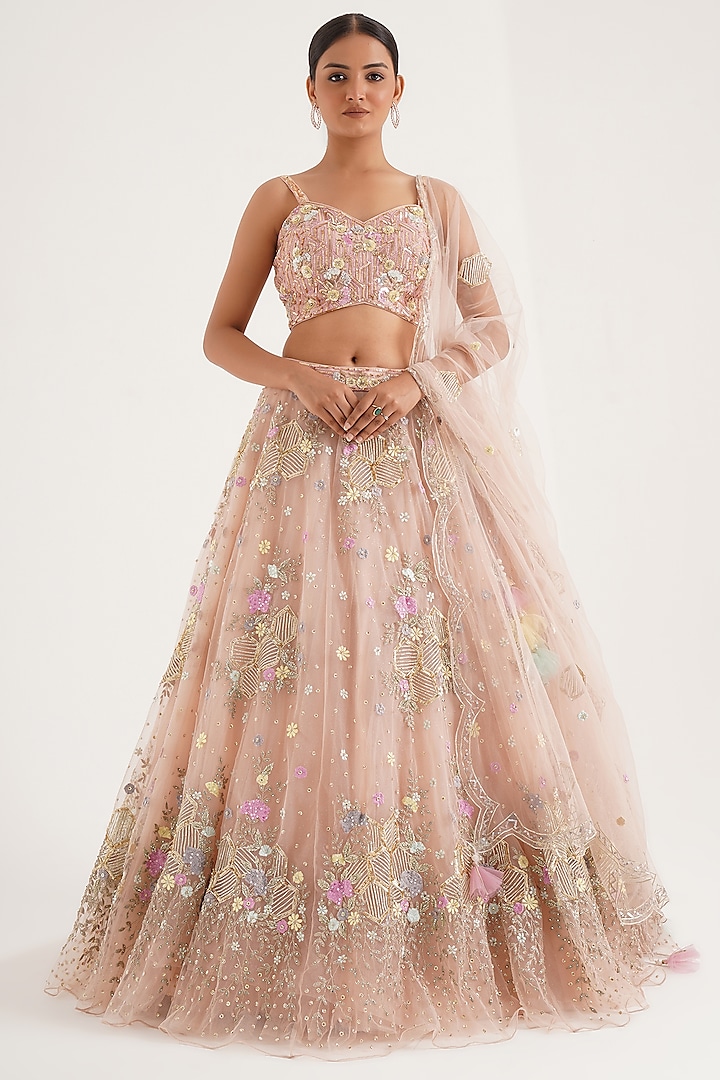 Peach Net Gota Work Lehenga Set by Chaashni by Maansi and Ketan