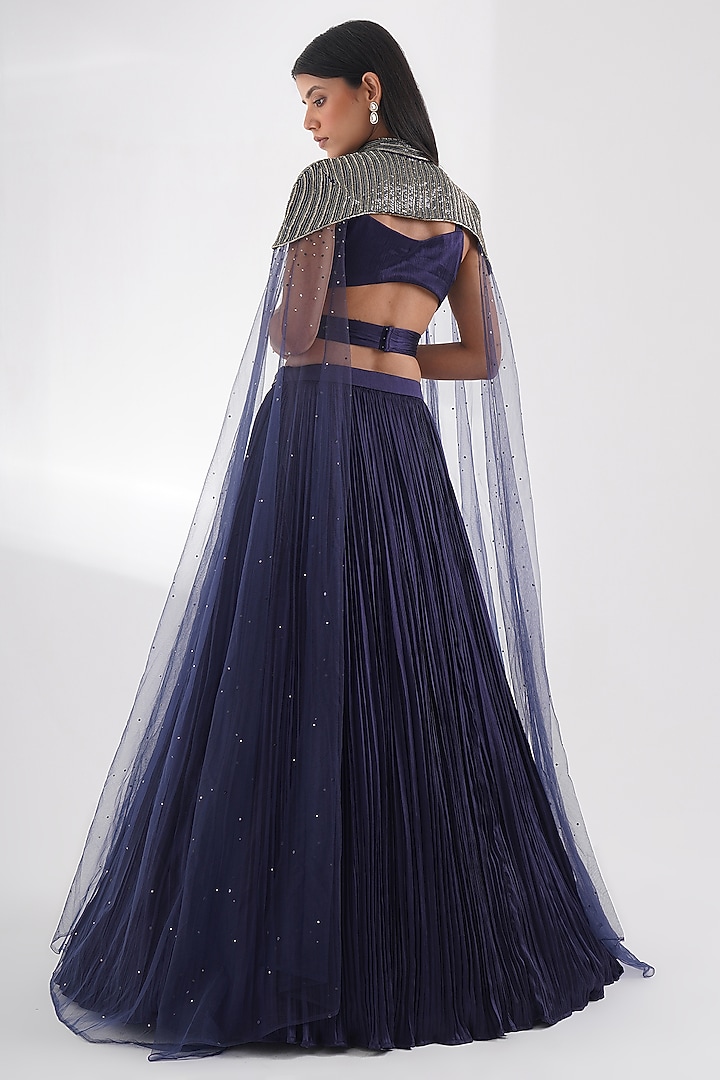 Navy Blue Chinon & Net Wedding Lehenga Set by Chaashni by Maansi and Ketan at Pernia's Pop Up Shop