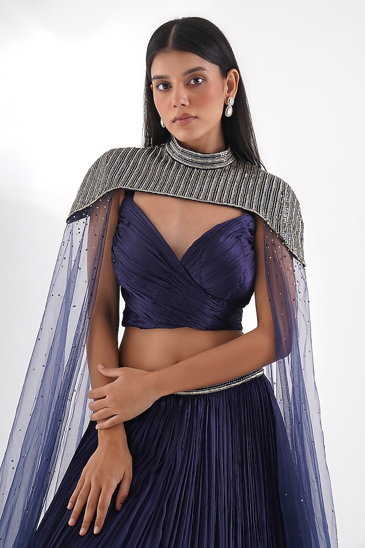 Navy Blue Chinon & Net Wedding Lehenga Set by Chaashni by Maansi and Ketan at Pernia's Pop Up Shop