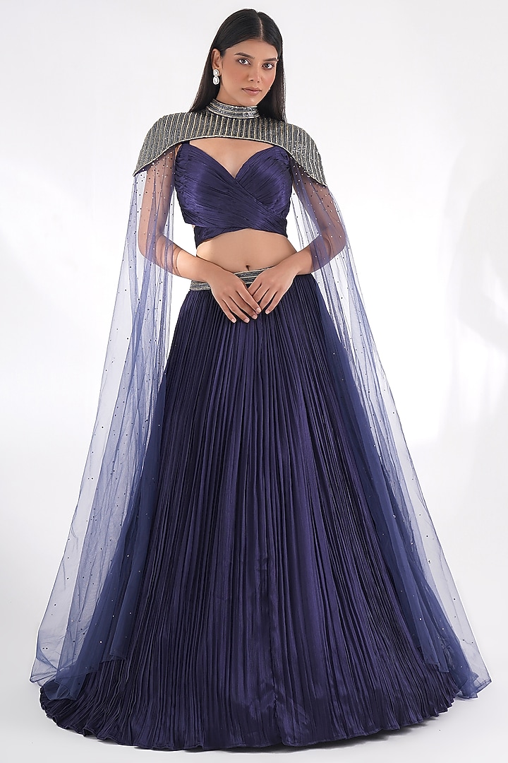Navy Blue Chinon & Net Wedding Lehenga Set by Chaashni by Maansi and Ketan at Pernia's Pop Up Shop