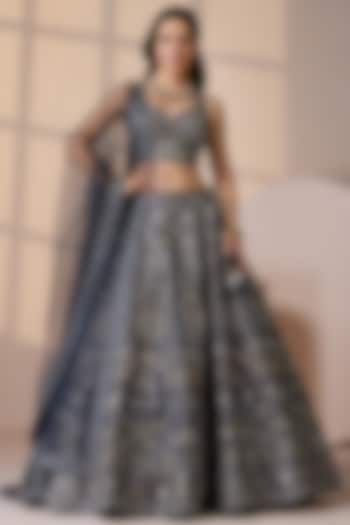 Blue Silk & Net Swarovski Embellished Wedding Lehenga Set by Chaashni by Maansi and Ketan at Pernia's Pop Up Shop