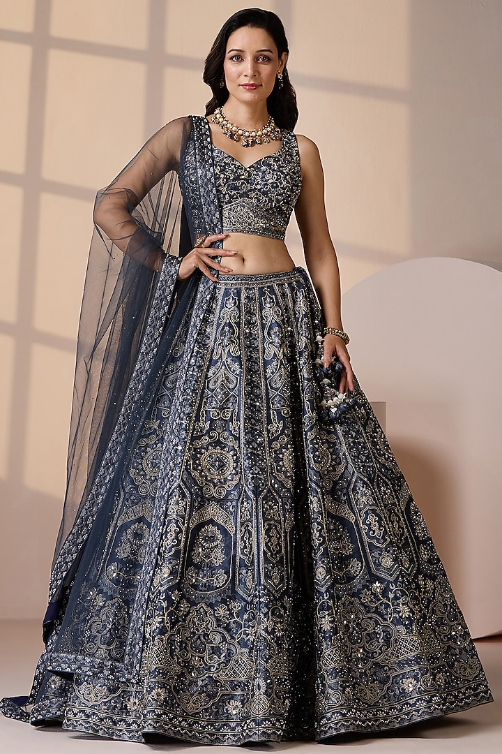 Blue Silk & Net Swarovski Embellished Wedding Lehenga Set by Chaashni by Maansi and Ketan at Pernia's Pop Up Shop