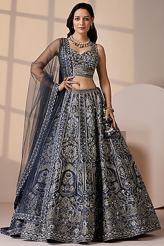 Blue Silk & Net Swarovski Embellished Lehenga Set by Chaashni by Maansi and Ketan