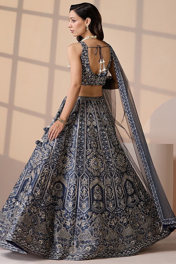 Blue Silk & Net Swarovski Embellished Wedding Lehenga Set by Chaashni by Maansi and Ketan at Pernia's Pop Up Shop