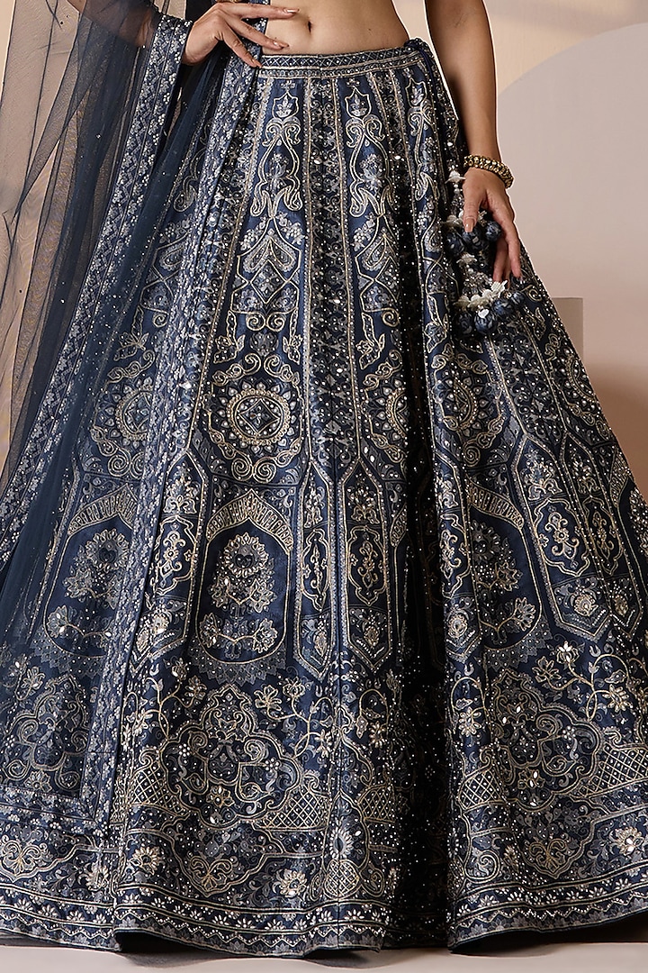 Blue Silk & Net Swarovski Embellished Wedding Lehenga Set by Chaashni by Maansi and Ketan at Pernia's Pop Up Shop