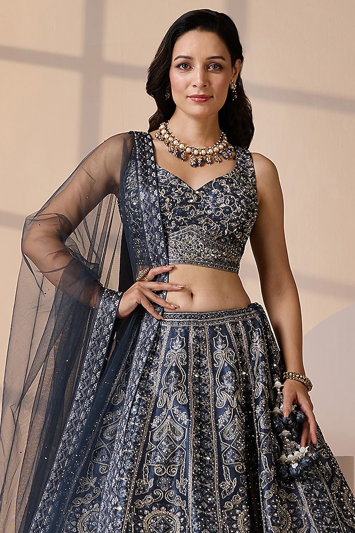 Blue Silk & Net Swarovski Embellished Wedding Lehenga Set by Chaashni by Maansi and Ketan at Pernia's Pop Up Shop
