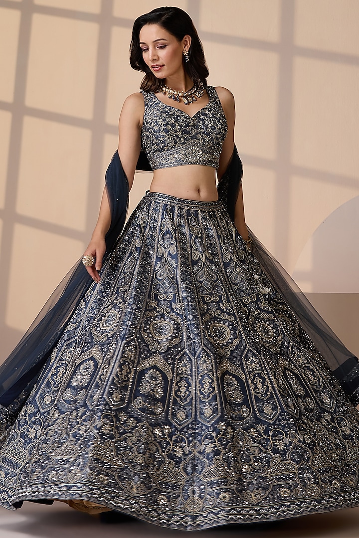 Blue Silk & Net Swarovski Embellished Wedding Lehenga Set by Chaashni by Maansi and Ketan at Pernia's Pop Up Shop
