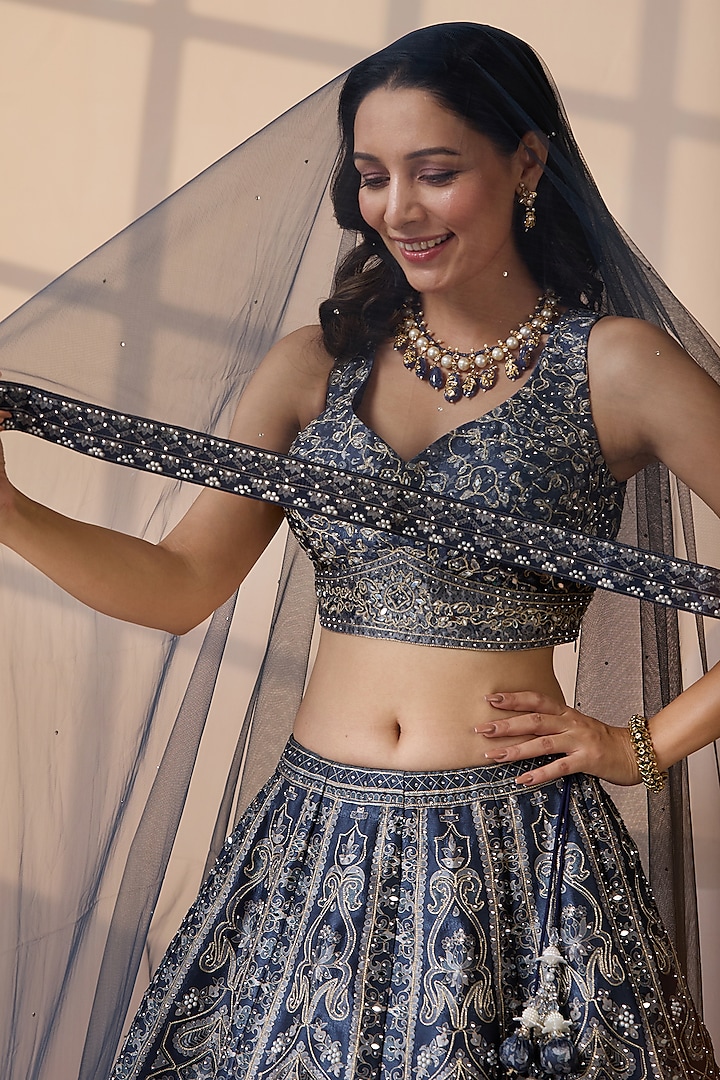 Blue Silk & Net Swarovski Embellished Wedding Lehenga Set by Chaashni by Maansi and Ketan at Pernia's Pop Up Shop