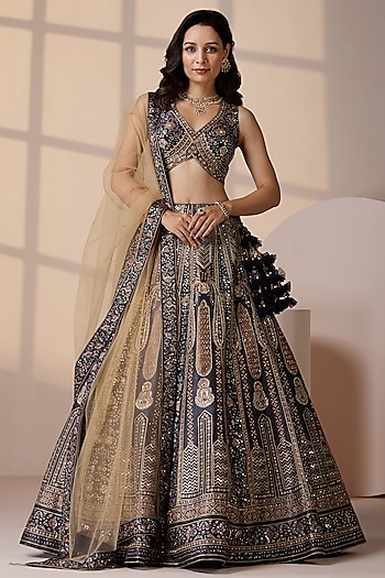 Blue Silk & Net Sequins Embellished Wedding Lehenga Set by Chaashni by Maansi and Ketan at Pernia's Pop Up Shop