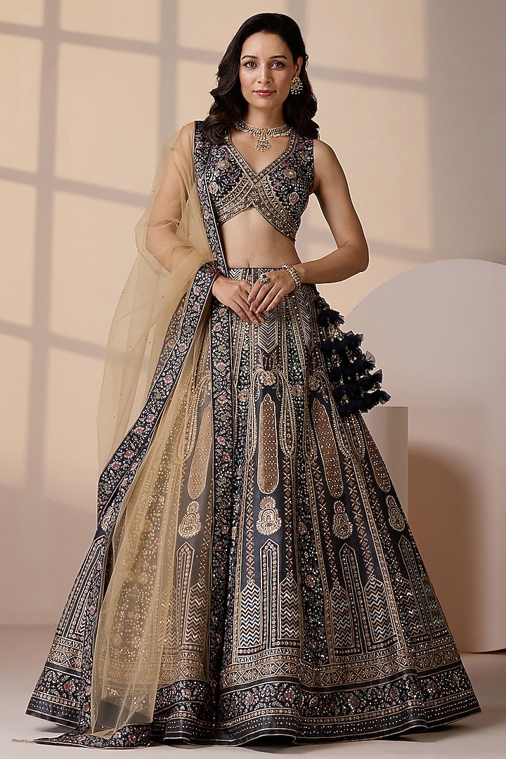 Blue Silk & Net Sequins Embellished Wedding Lehenga Set by Chaashni by Maansi and Ketan at Pernia's Pop Up Shop