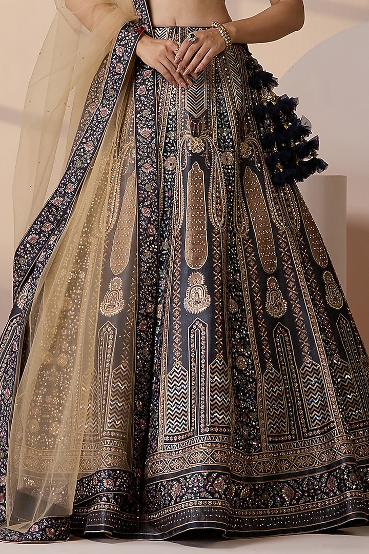 Blue Silk & Net Sequins Embellished Wedding Lehenga Set by Chaashni by Maansi and Ketan at Pernia's Pop Up Shop