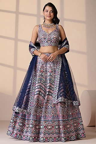 Blue Silk & Net Dori & Mirror Embellished Lehenga Set by Chaashni by Maansi and Ketan