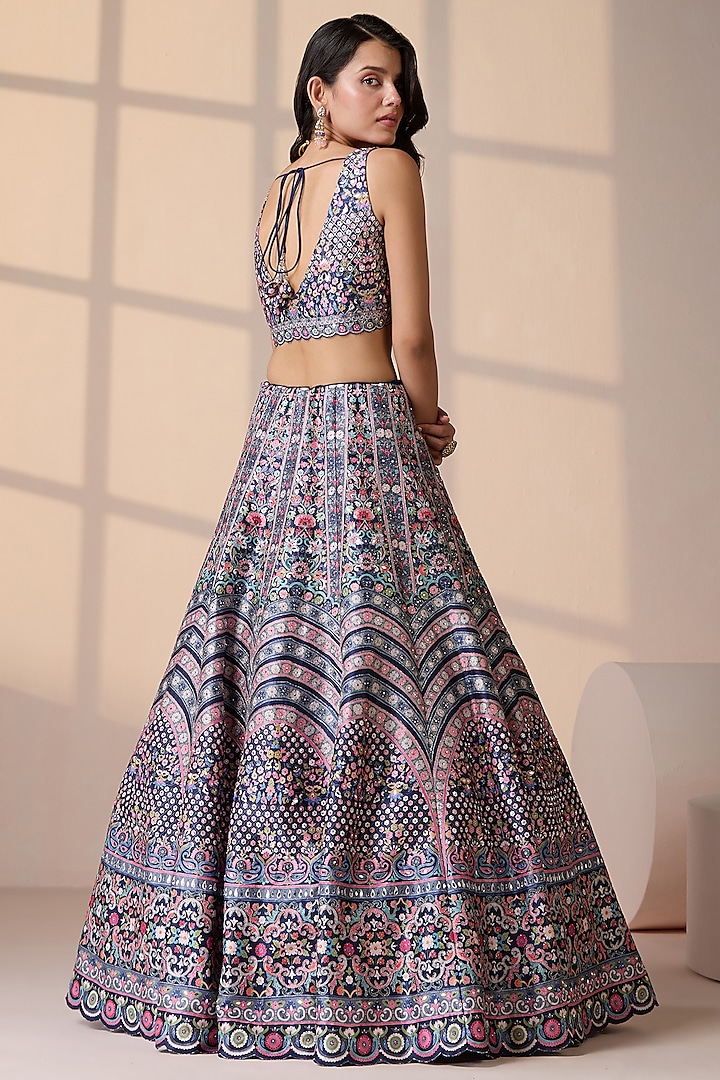 Blue Silk & Net Dori & Mirror Embellished Wedding Lehenga Set by Chaashni by Maansi and Ketan at Pernia's Pop Up Shop