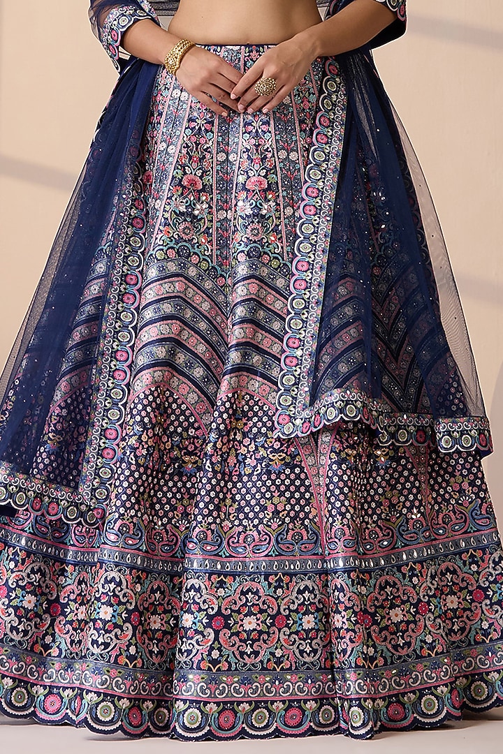 Blue Silk & Net Dori & Mirror Embellished Wedding Lehenga Set by Chaashni by Maansi and Ketan at Pernia's Pop Up Shop