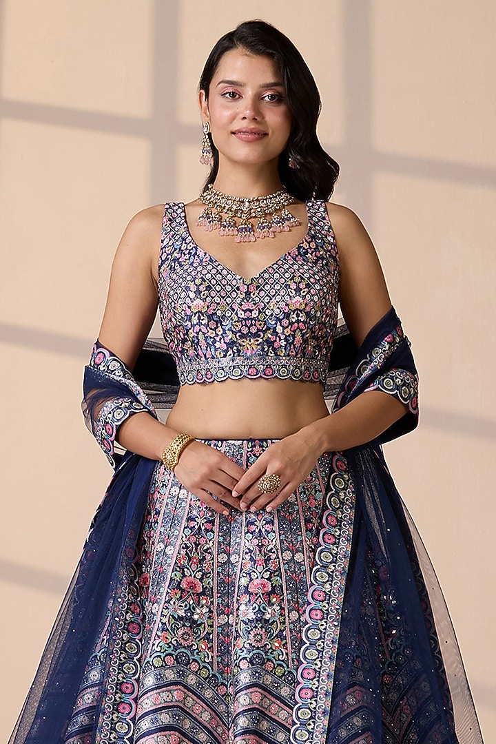 Blue Silk & Net Dori & Mirror Embellished Wedding Lehenga Set by Chaashni by Maansi and Ketan at Pernia's Pop Up Shop