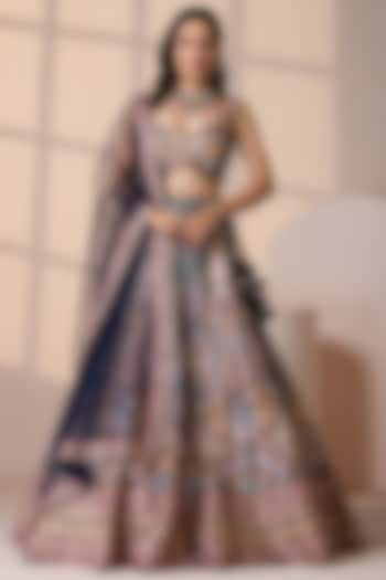 Blue Silk & Net Mirror Embellished Wedding Lehenga Set by Chaashni by Maansi and Ketan at Pernia's Pop Up Shop