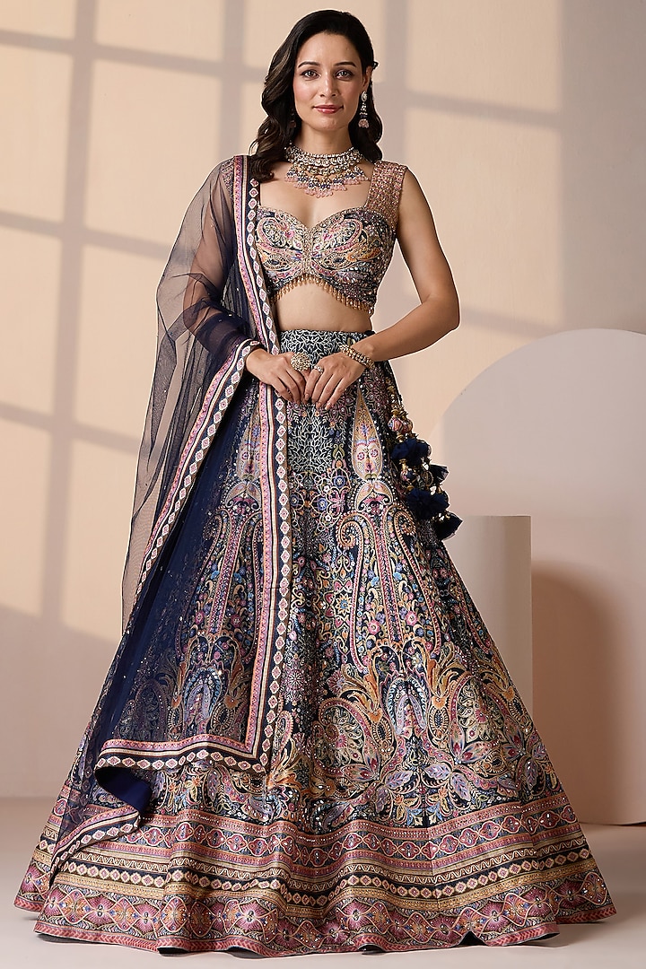 Blue Silk & Net Mirror Embellished Wedding Lehenga Set by Chaashni by Maansi and Ketan at Pernia's Pop Up Shop