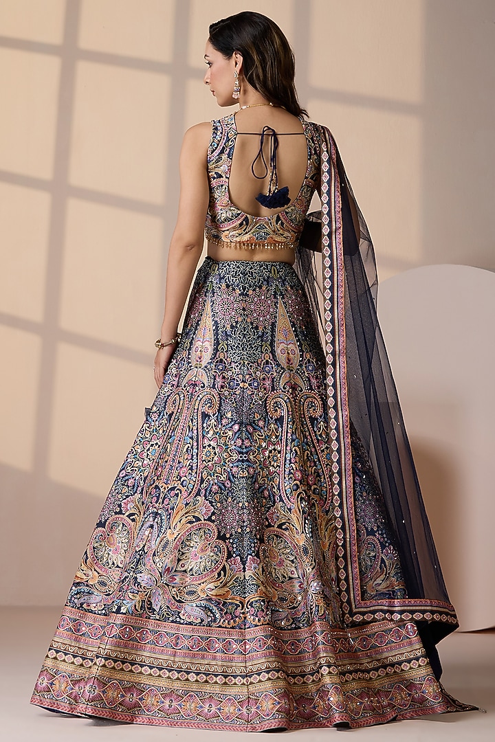 Blue Silk & Net Mirror Embellished Wedding Lehenga Set by Chaashni by Maansi and Ketan at Pernia's Pop Up Shop